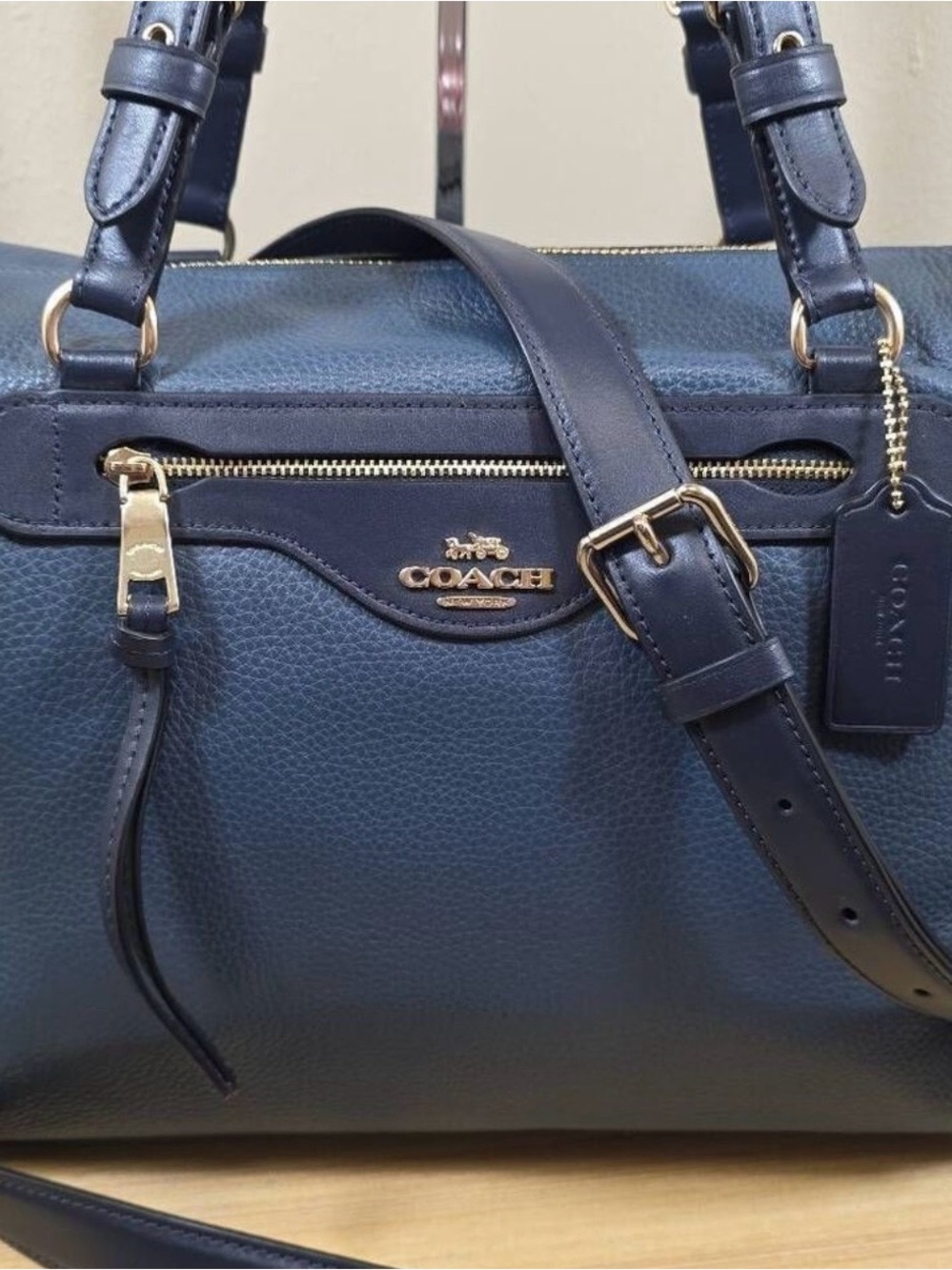 Coach Pebbled Leather Satchel - Navy with Gold Hardware